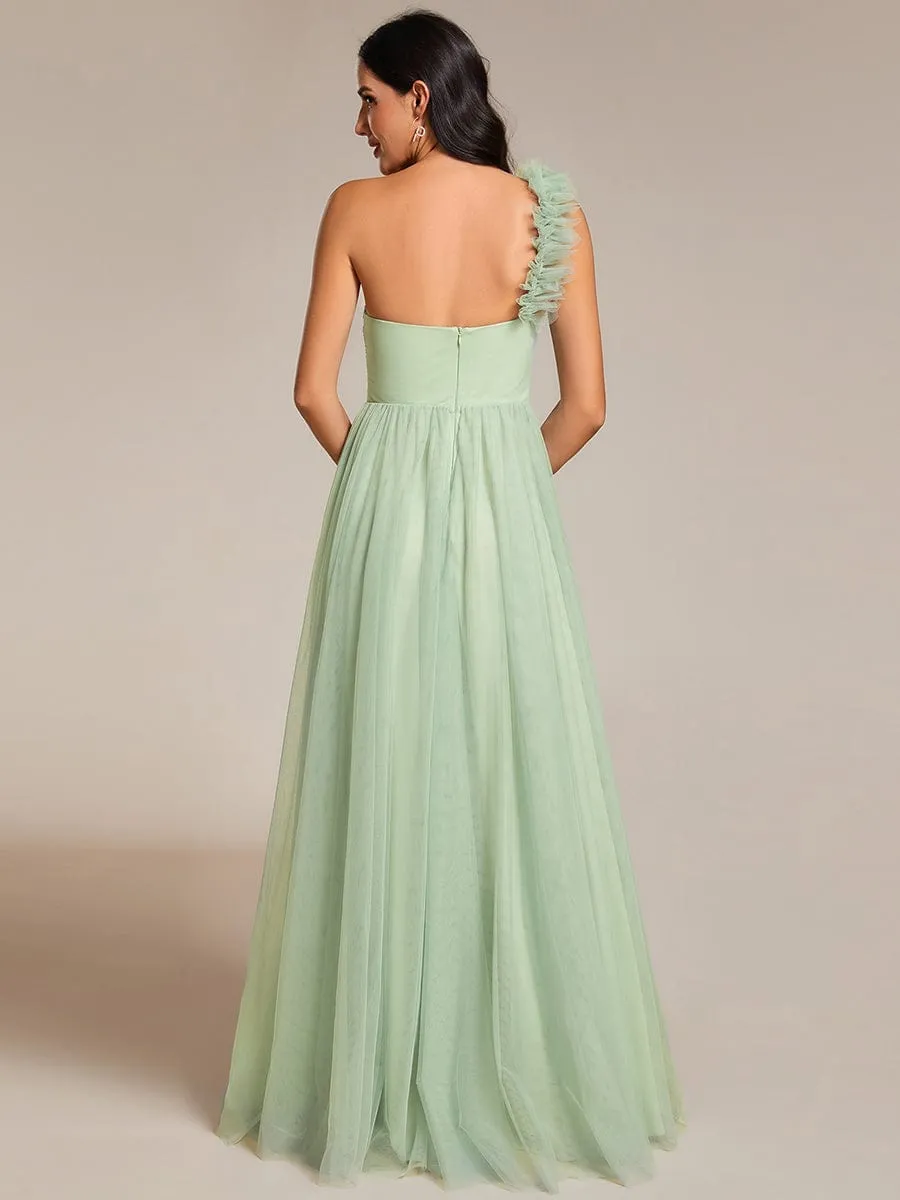 Elegant One Shoulder Maxi Tulle High Slit Dress In Sage Green