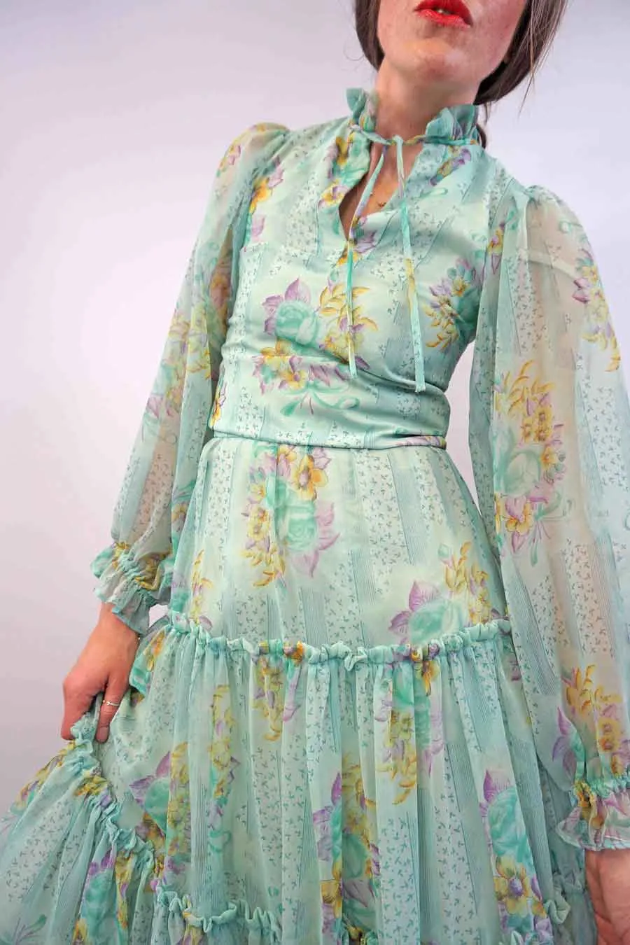 Green Tiered Ruffle Floral Tulle Skirt