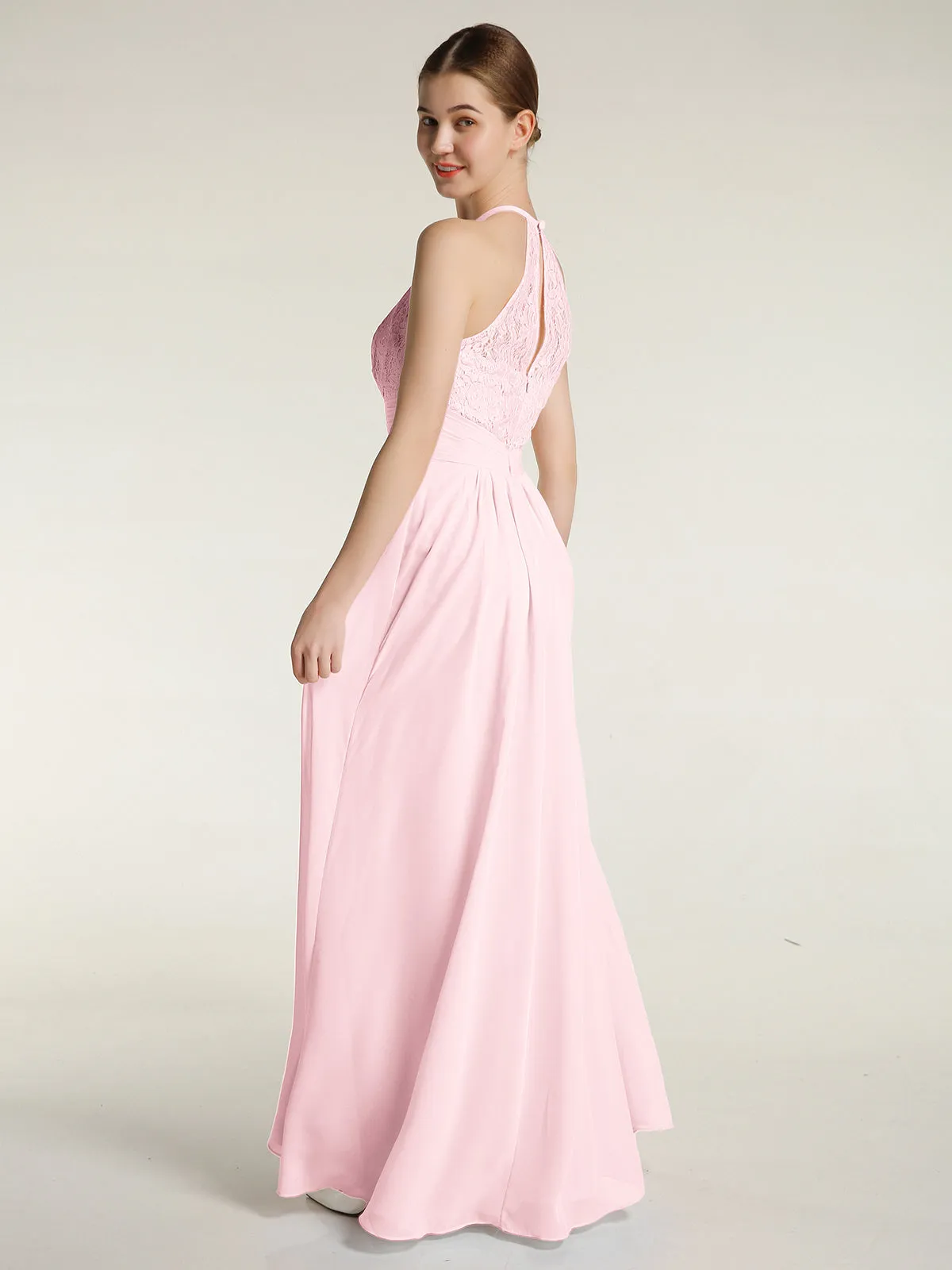 Halter Chiffon And Lace Long Dresses Blushing Pink Plus Size