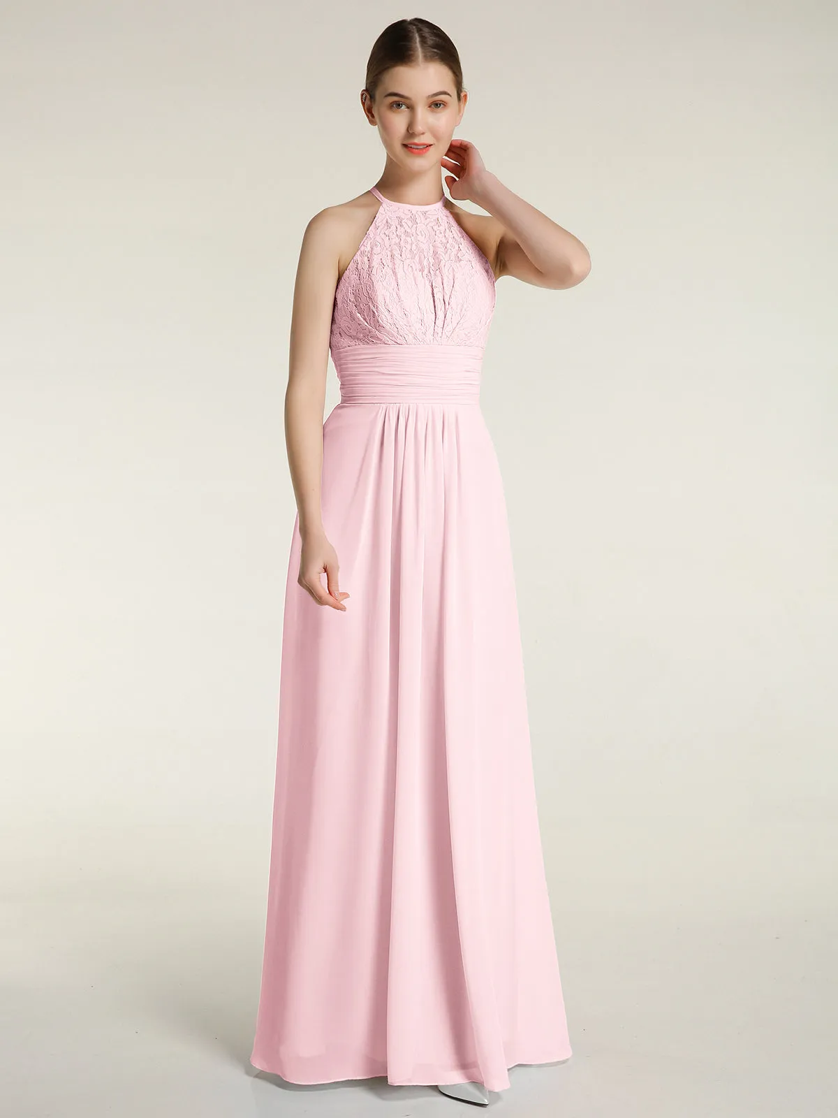 Halter Chiffon And Lace Long Dresses Blushing Pink Plus Size