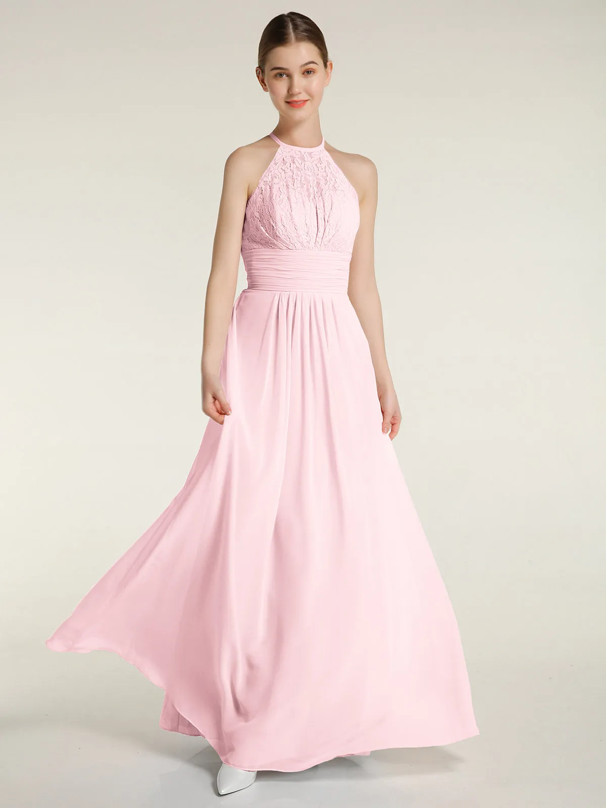 Halter Chiffon And Lace Long Dresses Blushing Pink Plus Size