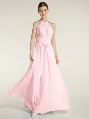 Halter Chiffon And Lace Long Dresses Blushing Pink Plus Size