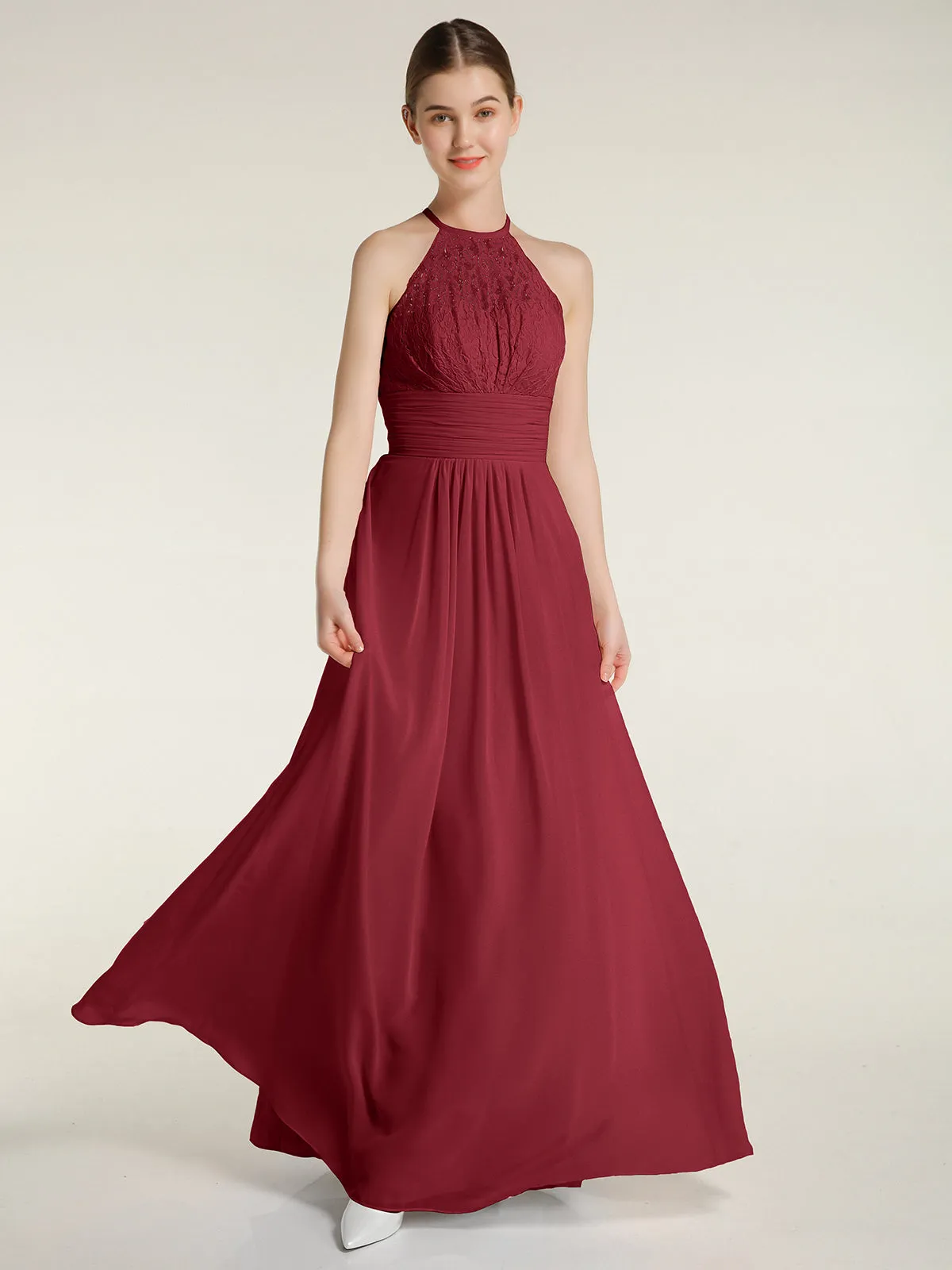 Halter Chiffon And Lace Long Dresses Burgundy