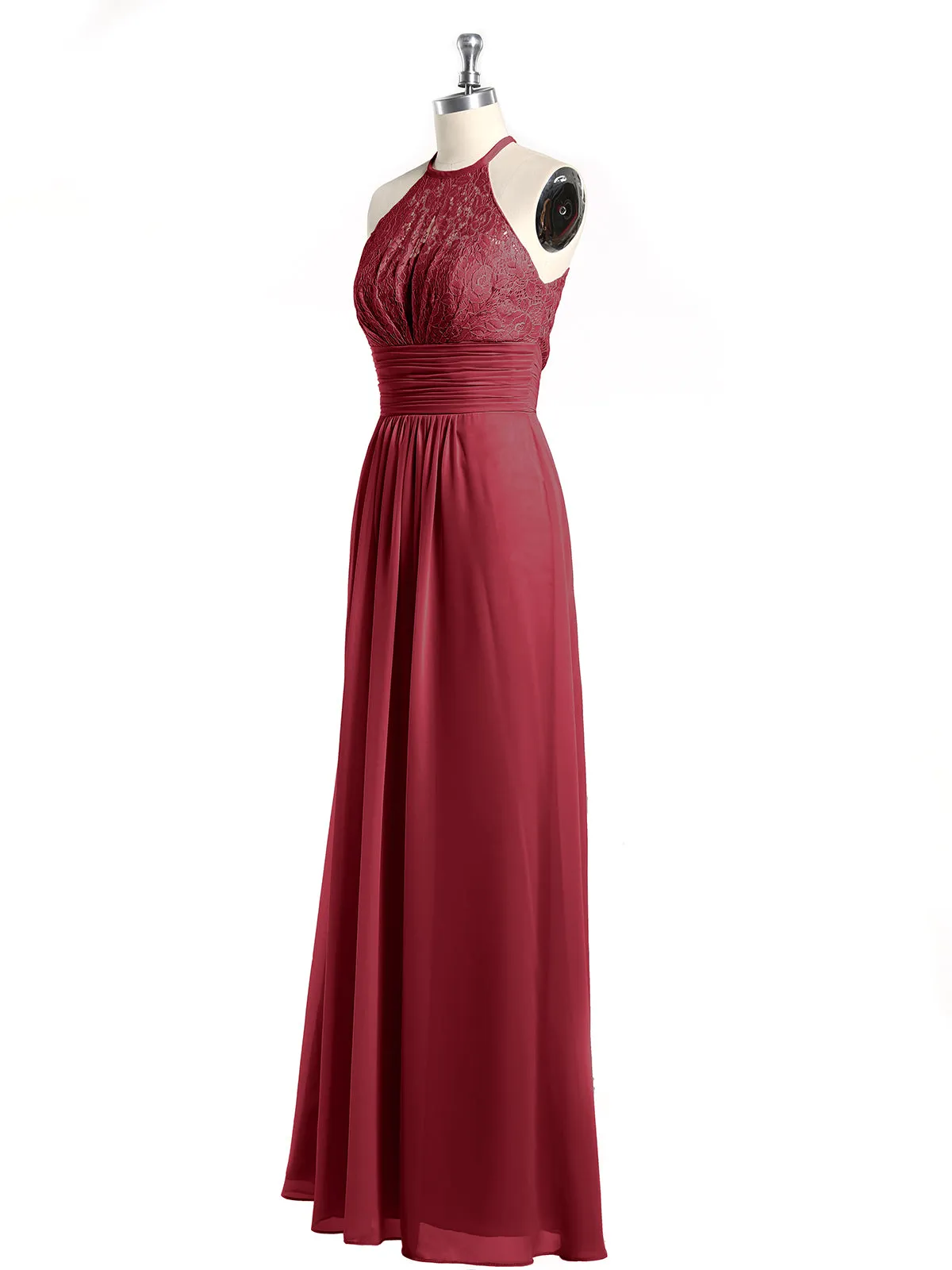 Halter Chiffon And Lace Long Dresses Burgundy