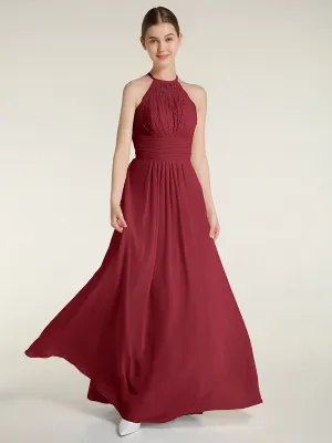 Halter Chiffon And Lace Long Dresses Burgundy
