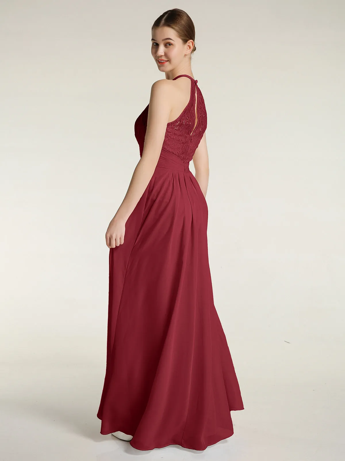Halter Chiffon And Lace Long Dresses Burgundy