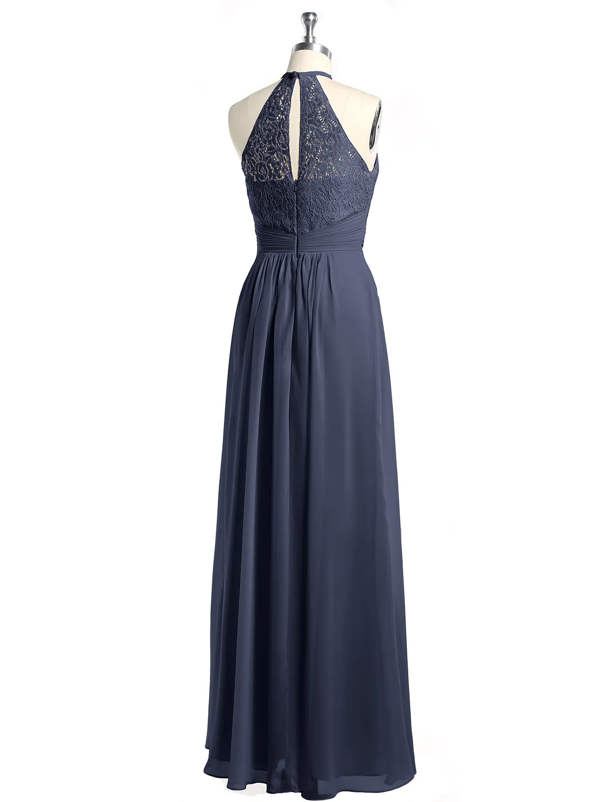Halter Chiffon And Lace Long Dresses Dark Navy