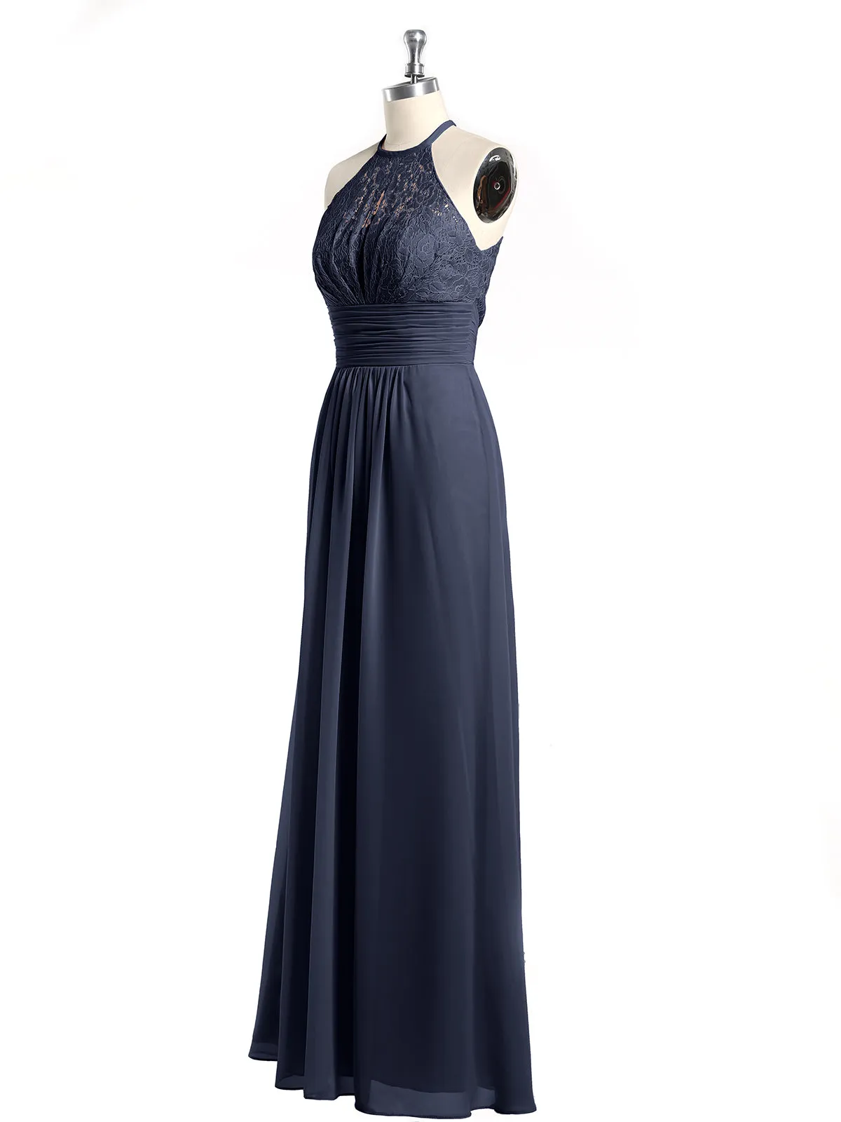 Halter Chiffon And Lace Long Dresses Dark Navy