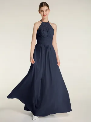 Halter Chiffon And Lace Long Dresses Dark Navy