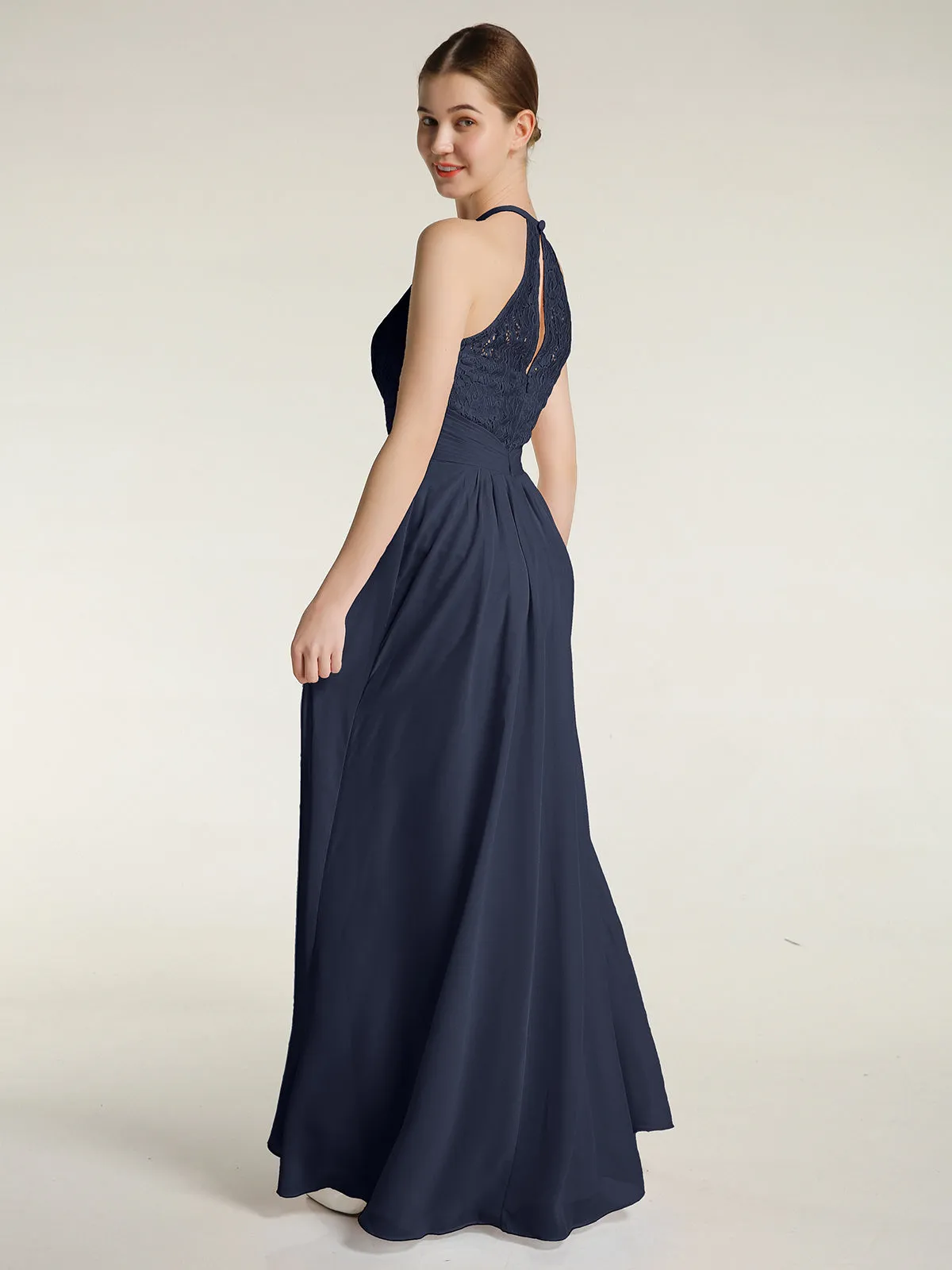 Halter Chiffon And Lace Long Dresses Dark Navy