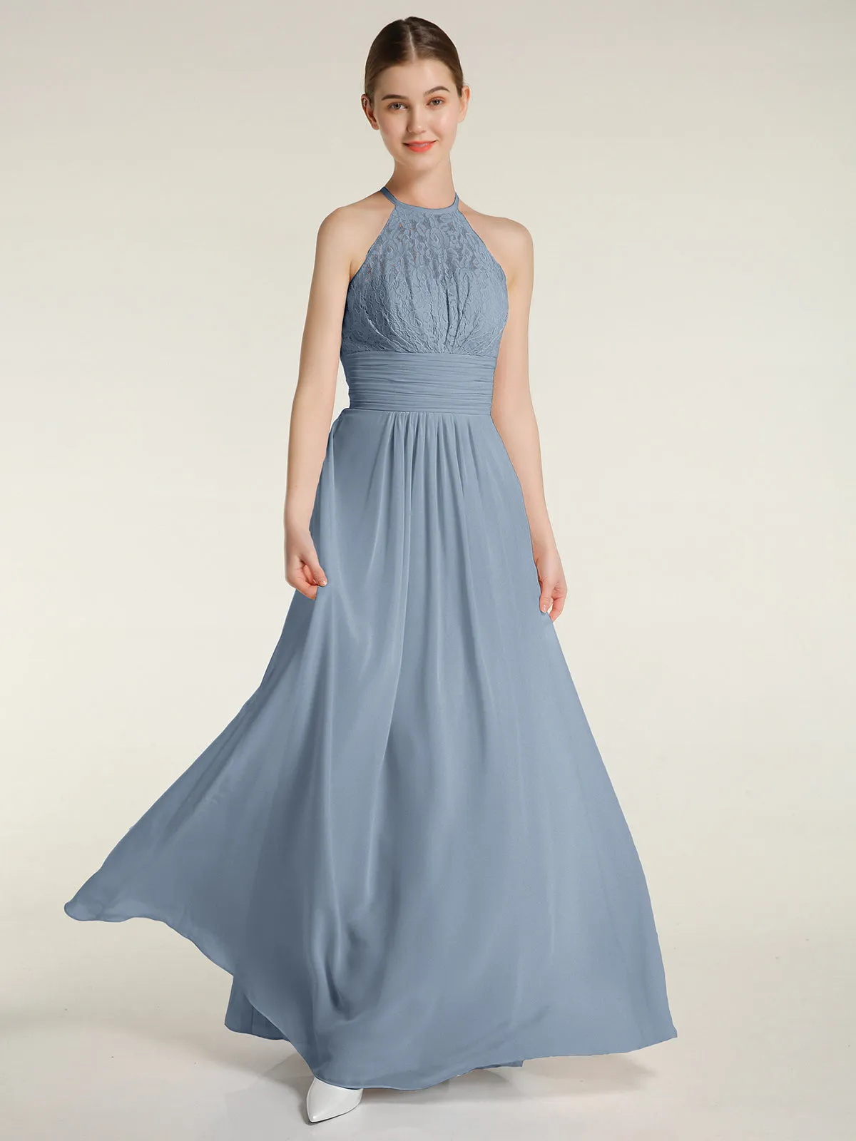 Halter Chiffon And Lace Long Dresses Dusty Blue Plus Size