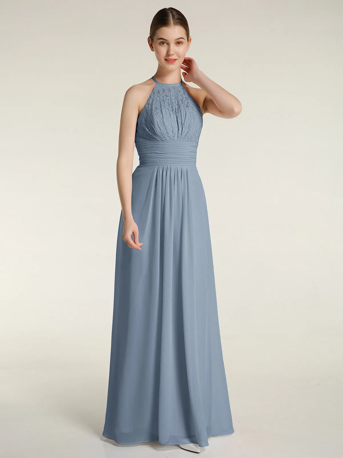 Halter Chiffon And Lace Long Dresses Dusty Blue Plus Size