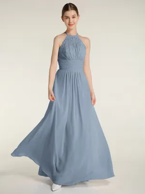Halter Chiffon And Lace Long Dresses Dusty Blue Plus Size