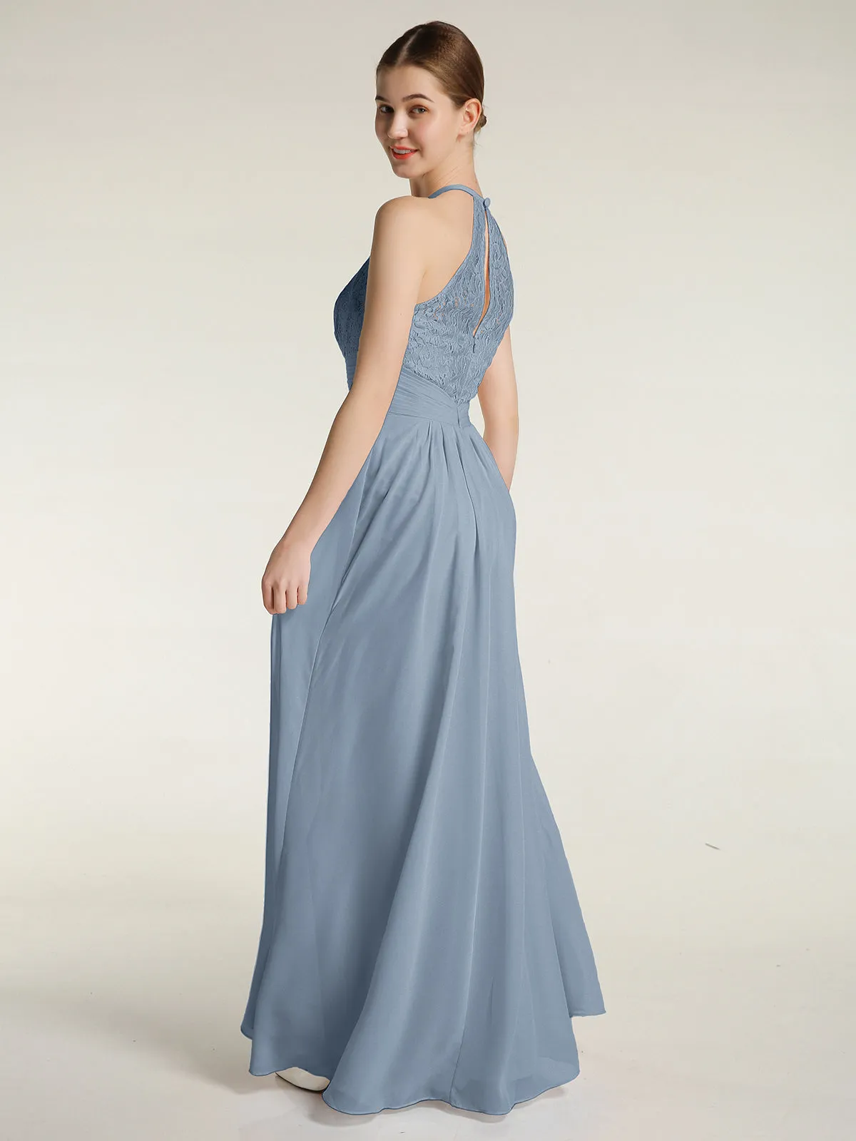 Halter Chiffon And Lace Long Dresses Dusty Blue Plus Size