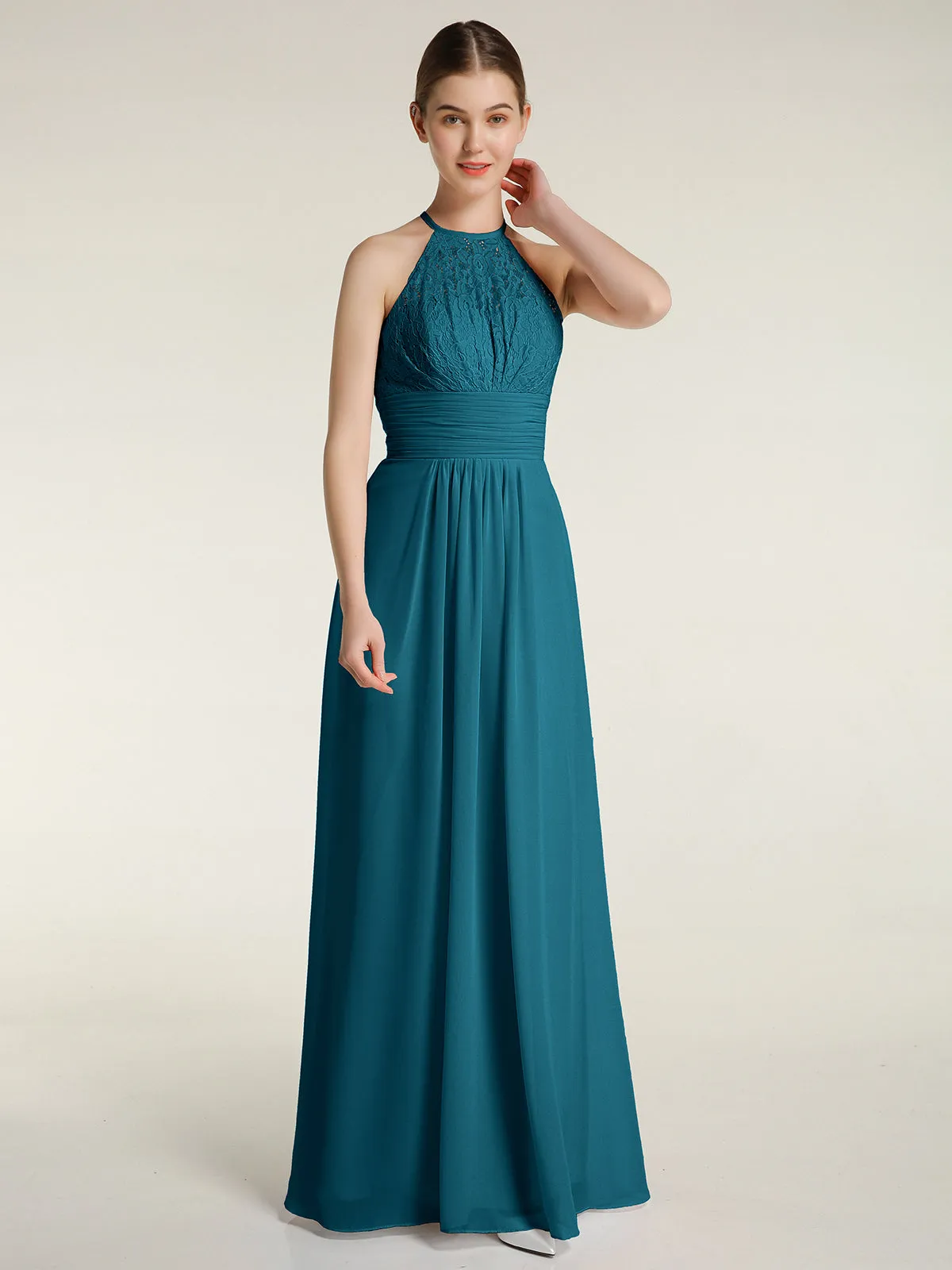 Halter Chiffon And Lace Long Dresses Ink Blue Plus Size