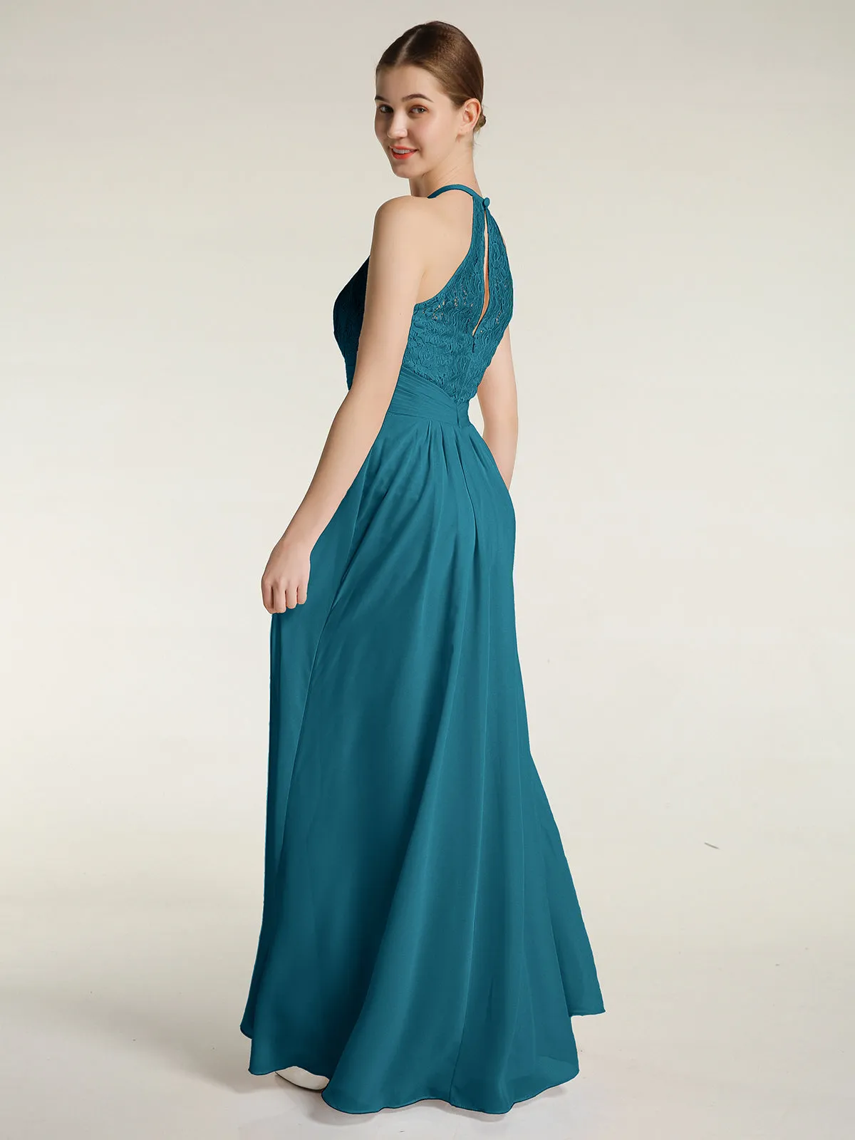 Halter Chiffon And Lace Long Dresses Ink Blue Plus Size