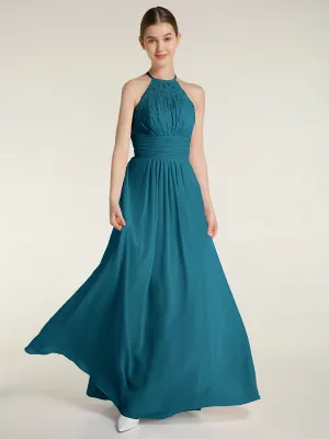 Halter Chiffon And Lace Long Dresses Ink Blue Plus Size
