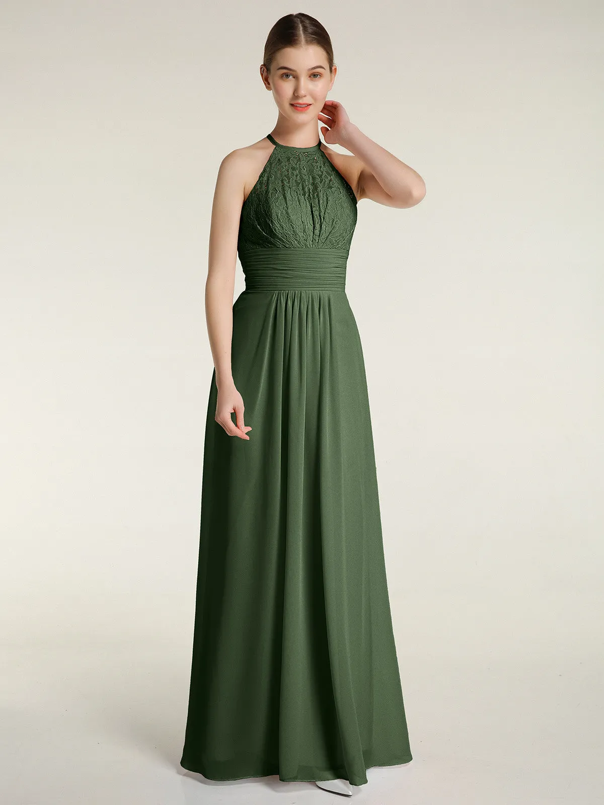 Halter Chiffon And Lace Long Dresses Olive Green Plus Size