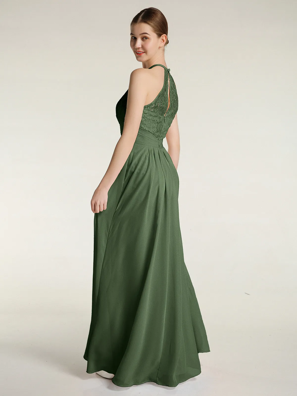 Halter Chiffon And Lace Long Dresses Olive Green Plus Size