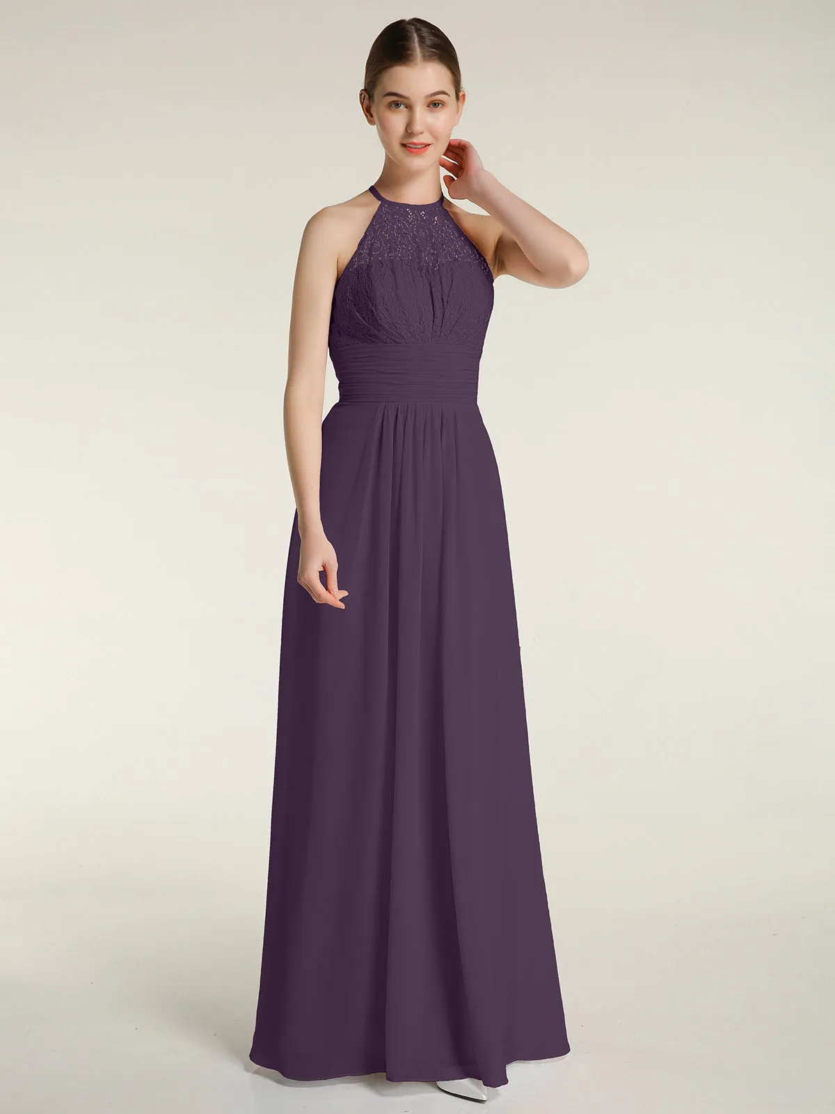 Halter Chiffon And Lace Long Dresses Plum Plus Size