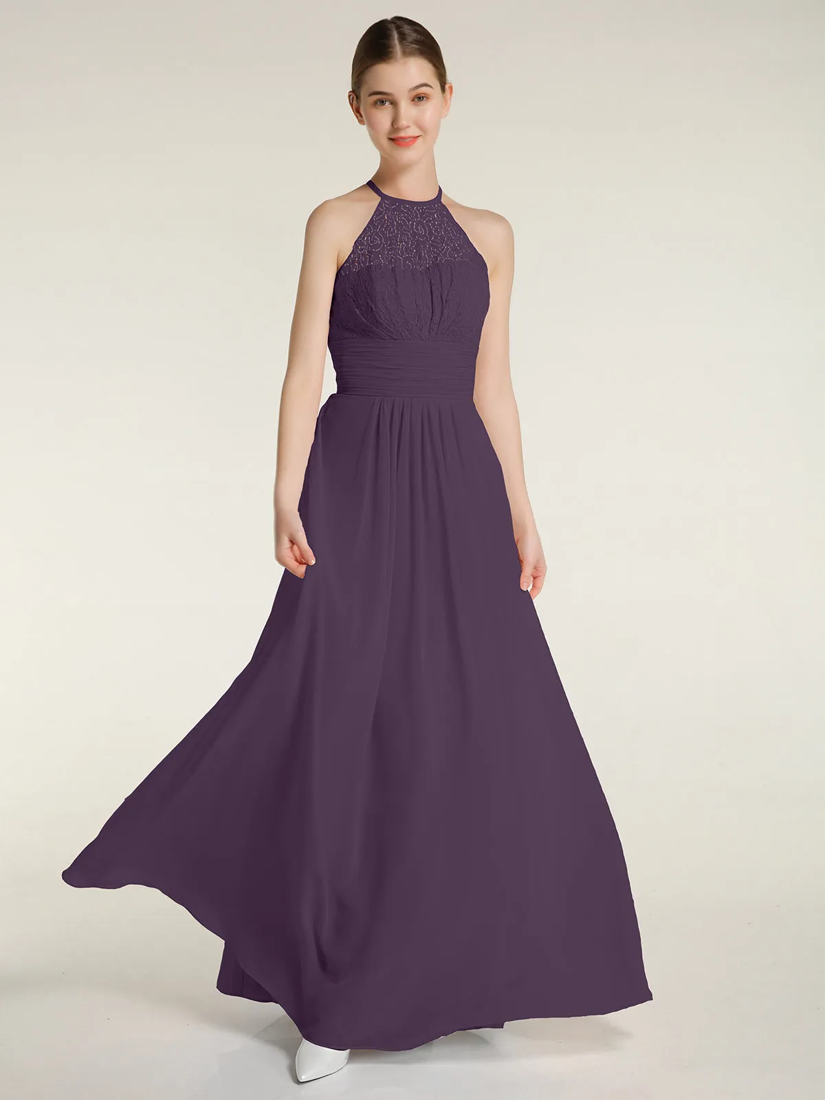 Halter Chiffon And Lace Long Dresses Plum Plus Size