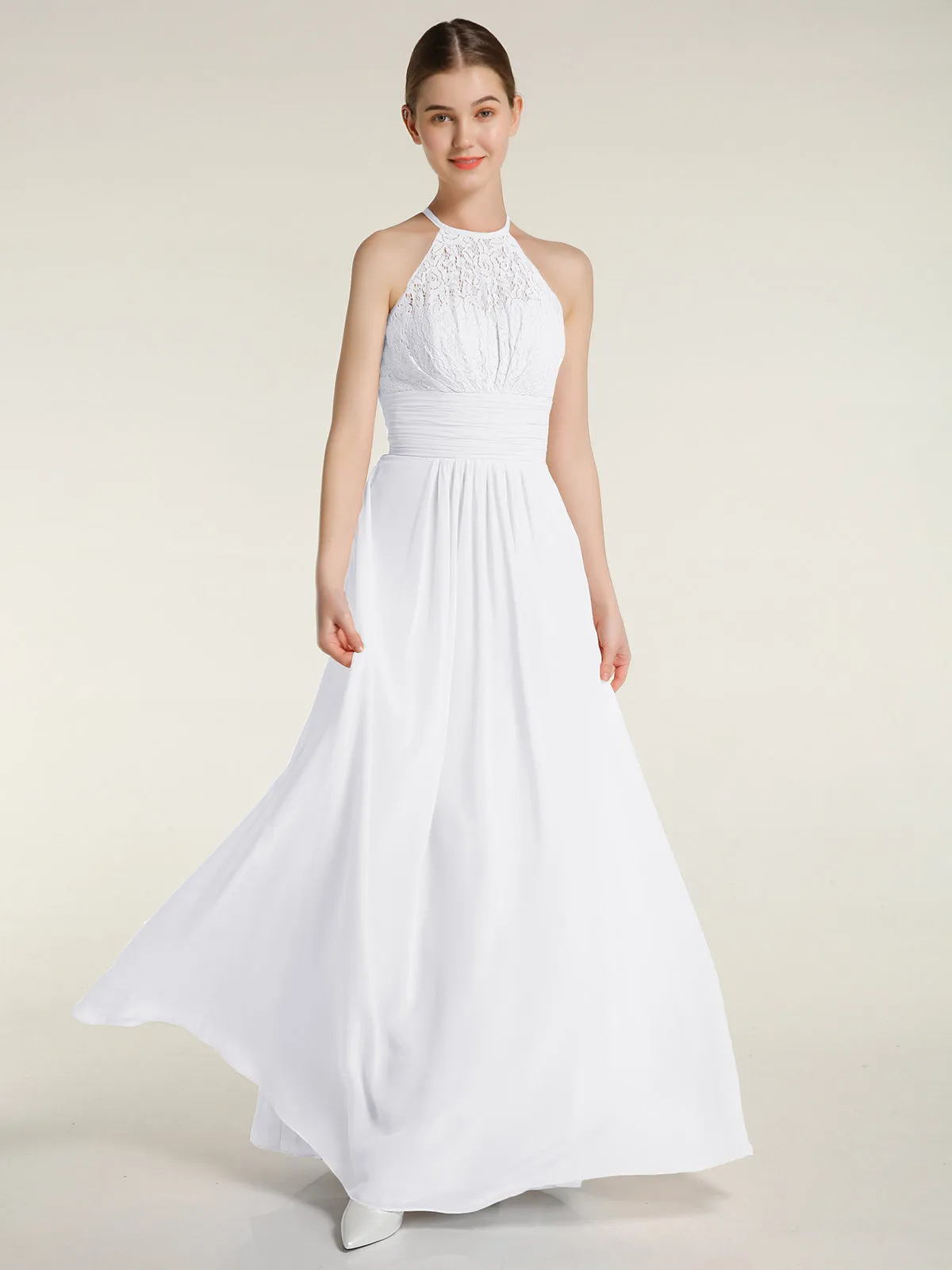 Halter Chiffon And Lace Long Dresses White Plus Size