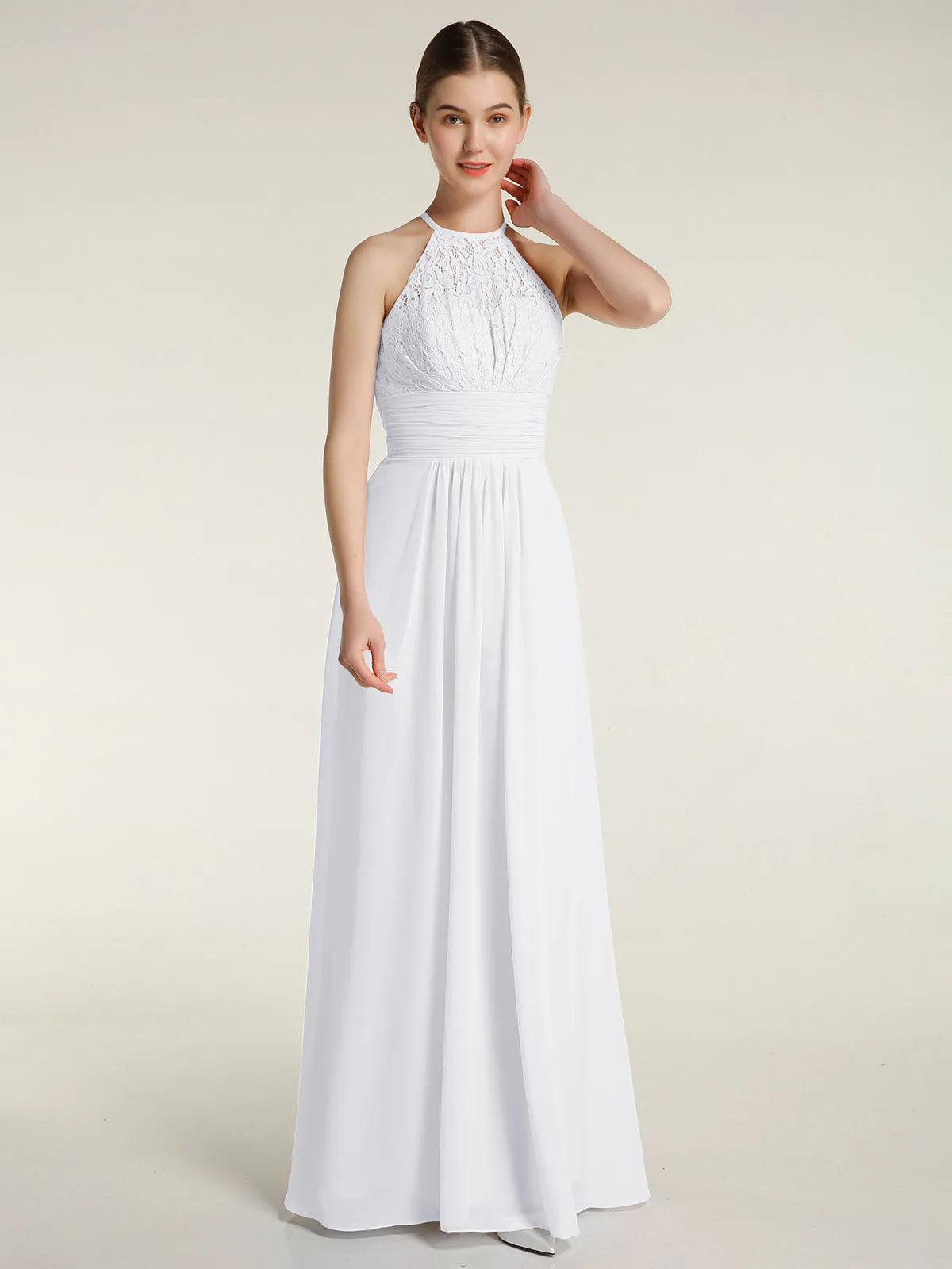 Halter Chiffon And Lace Long Dresses White Plus Size