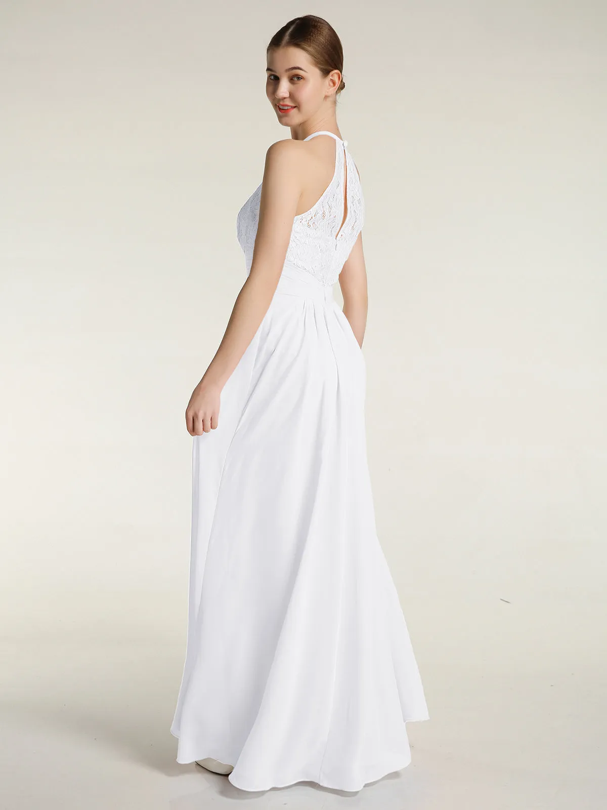 Halter Chiffon And Lace Long Dresses White Plus Size
