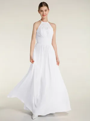 Halter Chiffon And Lace Long Dresses White Plus Size