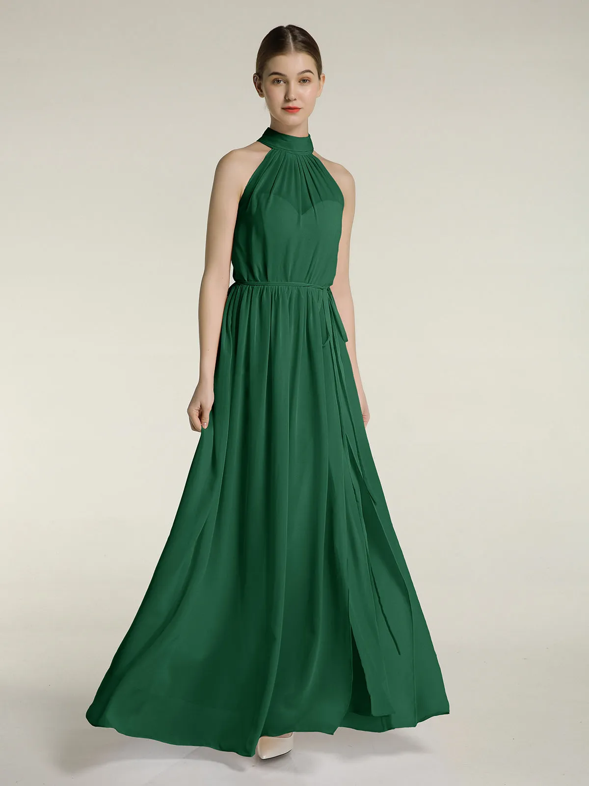 High Neck Chiffon Dresses with Slit and Sash Bow-Dark Green Plus Size
