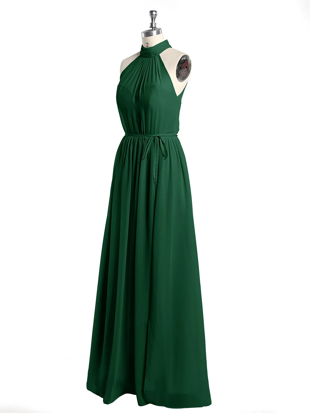 High Neck Chiffon Dresses with Slit and Sash Bow-Dark Green Plus Size