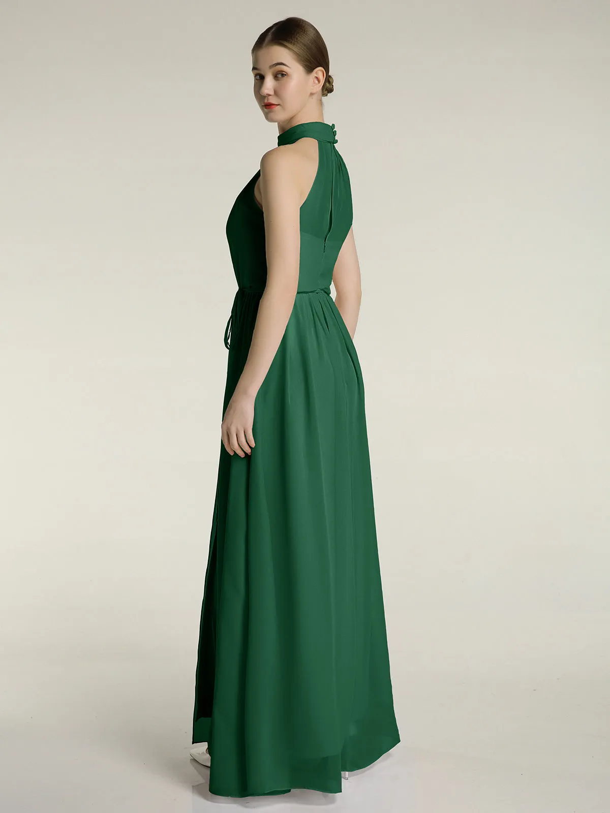 High Neck Chiffon Dresses with Slit and Sash Bow-Dark Green Plus Size