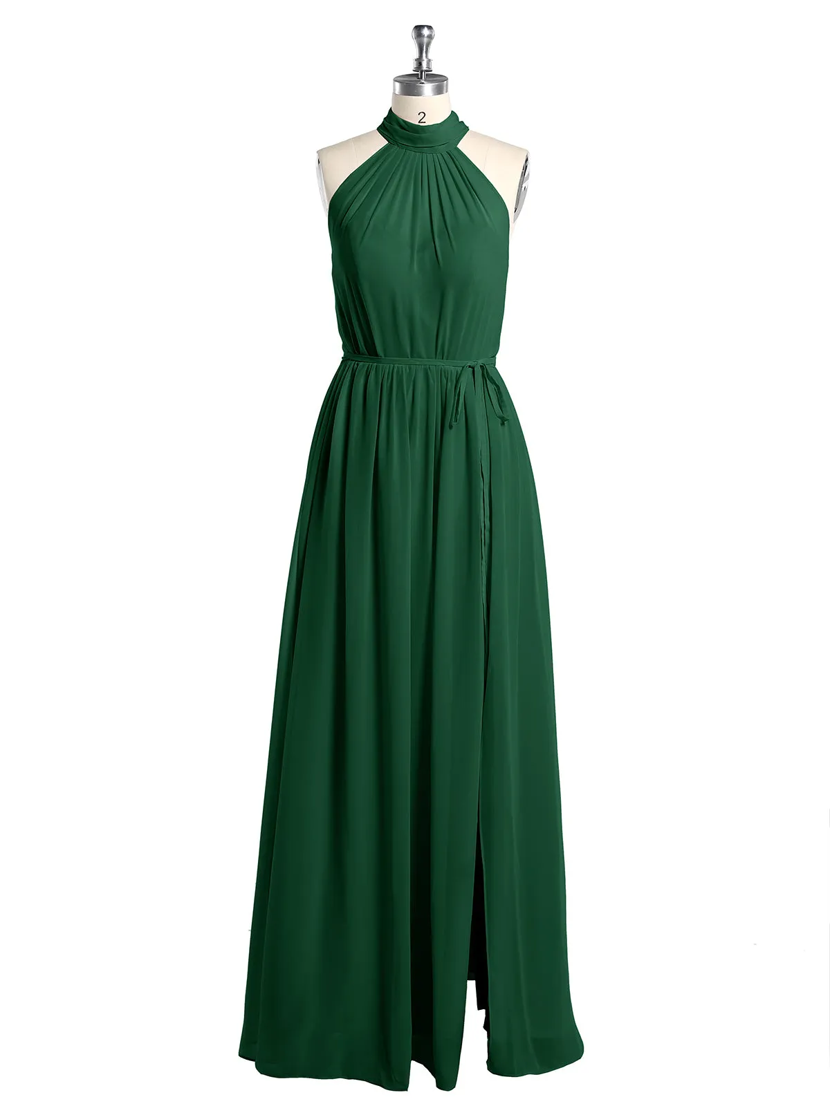 High Neck Chiffon Dresses with Slit and Sash Bow-Dark Green Plus Size