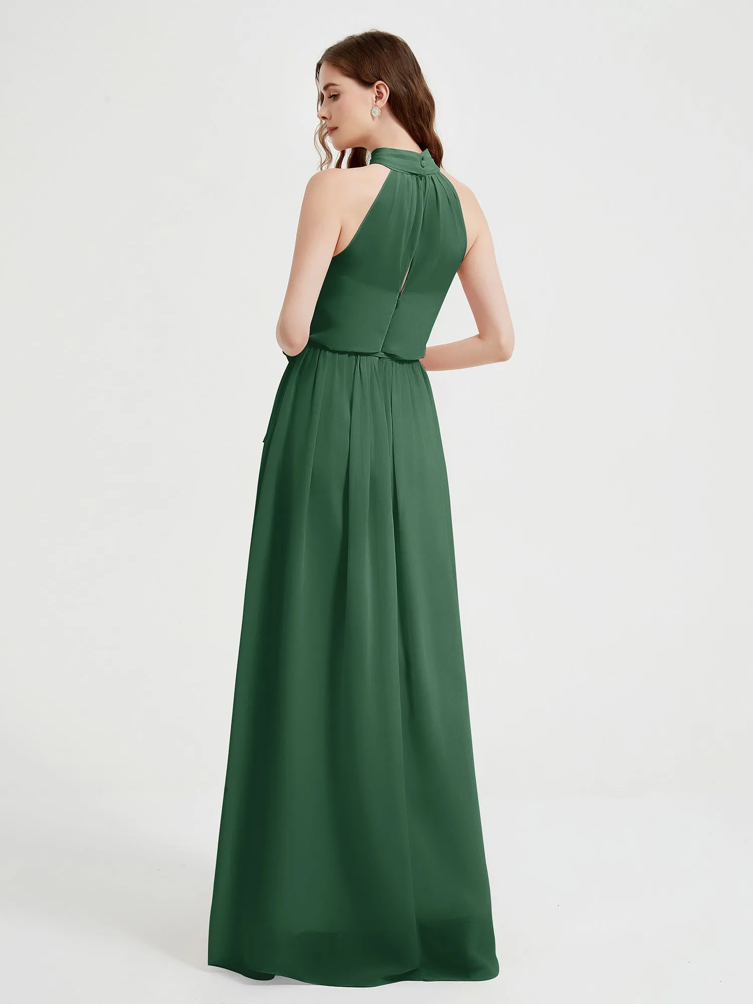 High Neck Chiffon Dresses with Slit and Sash Bow-Dark Green Plus Size