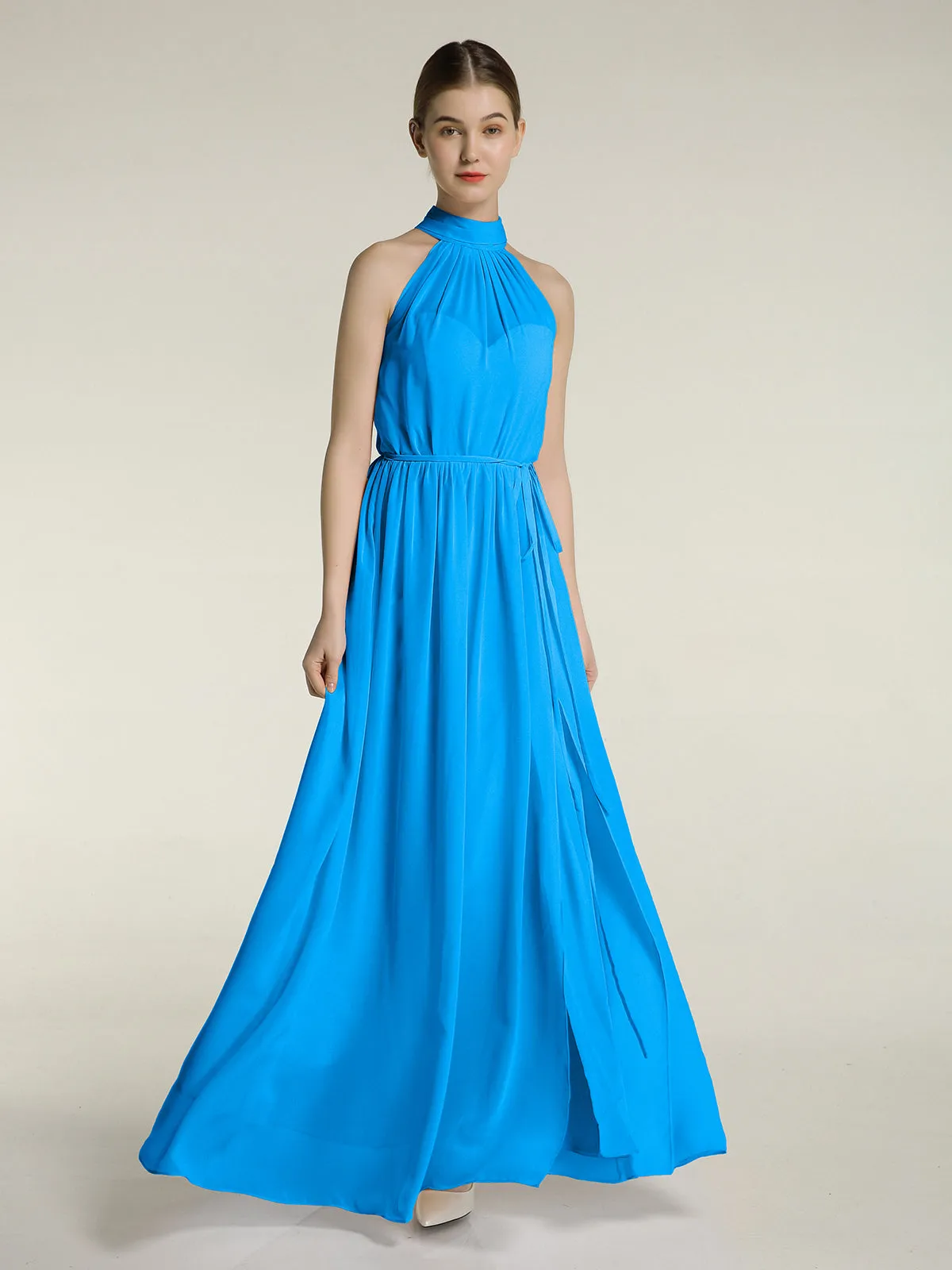 High Neck Chiffon Dresses with Slit and Sash Bow-Ocean Blue Plus Size