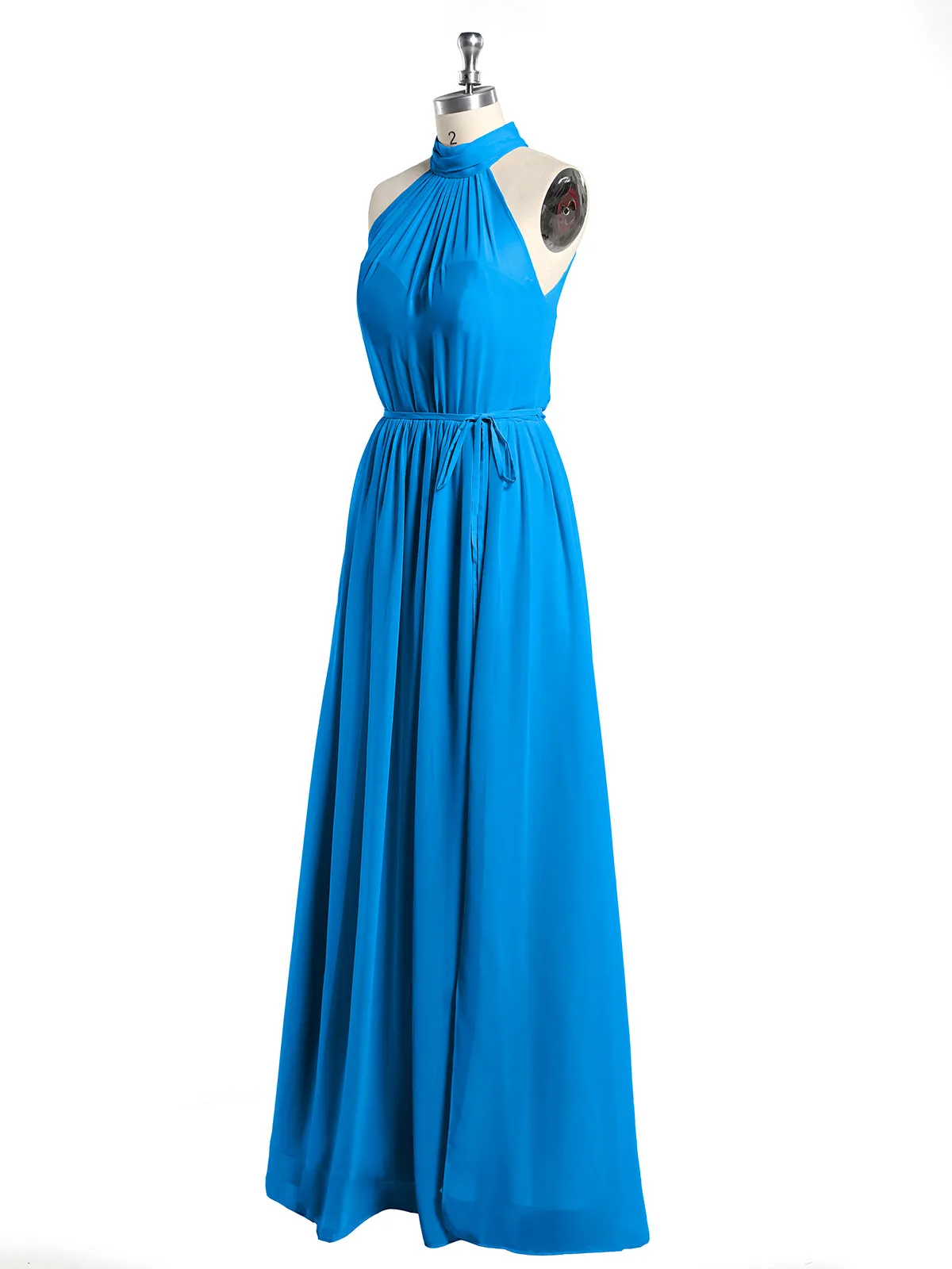 High Neck Chiffon Dresses with Slit and Sash Bow-Ocean Blue Plus Size