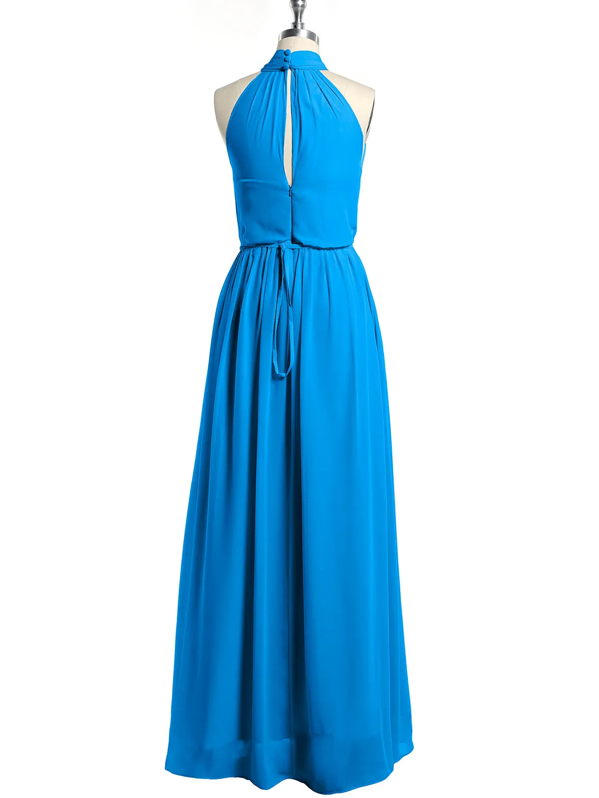 High Neck Chiffon Dresses with Slit and Sash Bow-Ocean Blue Plus Size