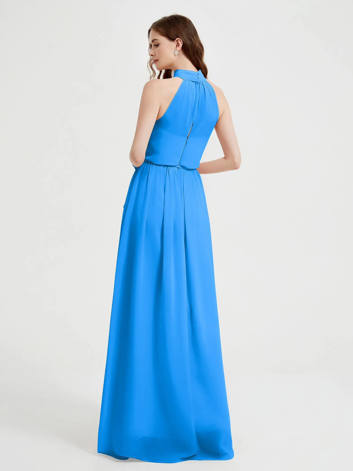 High Neck Chiffon Dresses with Slit and Sash Bow-Ocean Blue Plus Size