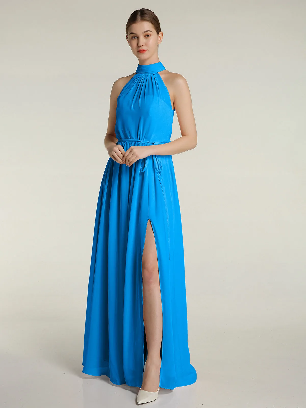 High Neck Chiffon Dresses with Slit and Sash Bow-Ocean Blue Plus Size