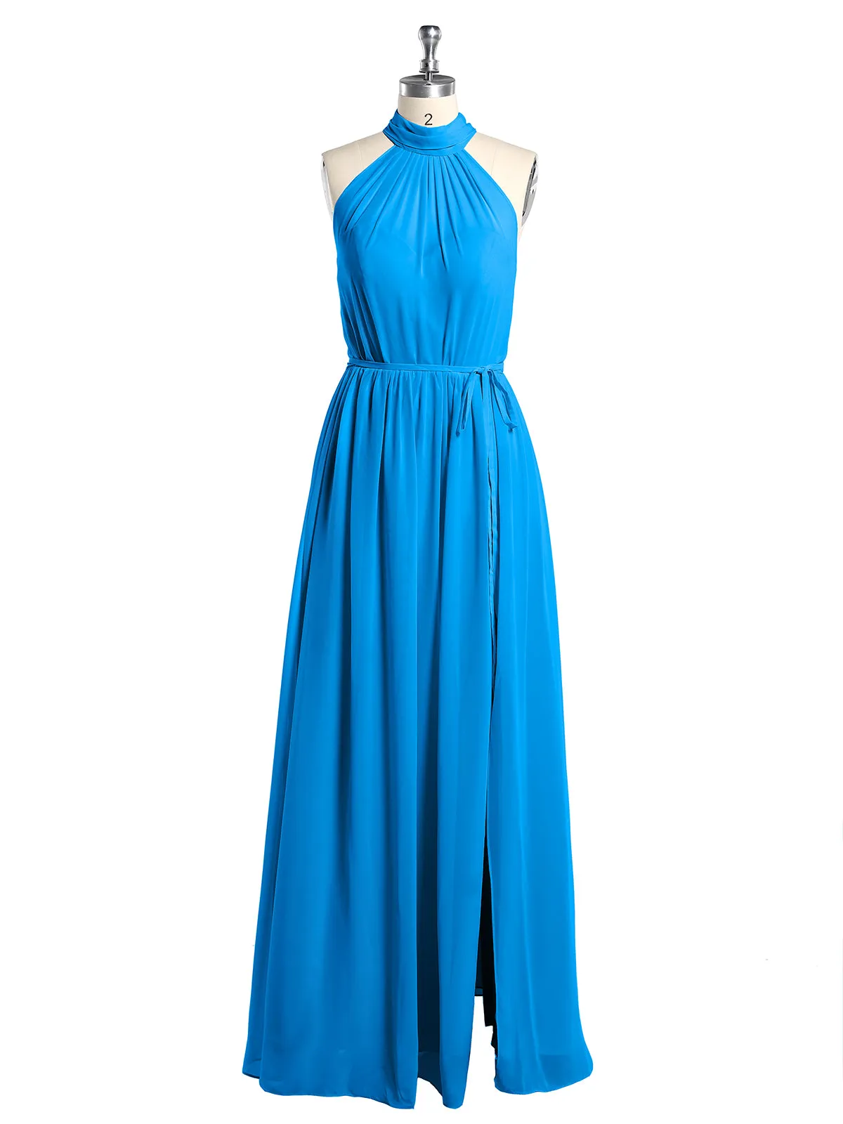 High Neck Chiffon Dresses with Slit and Sash Bow-Ocean Blue Plus Size