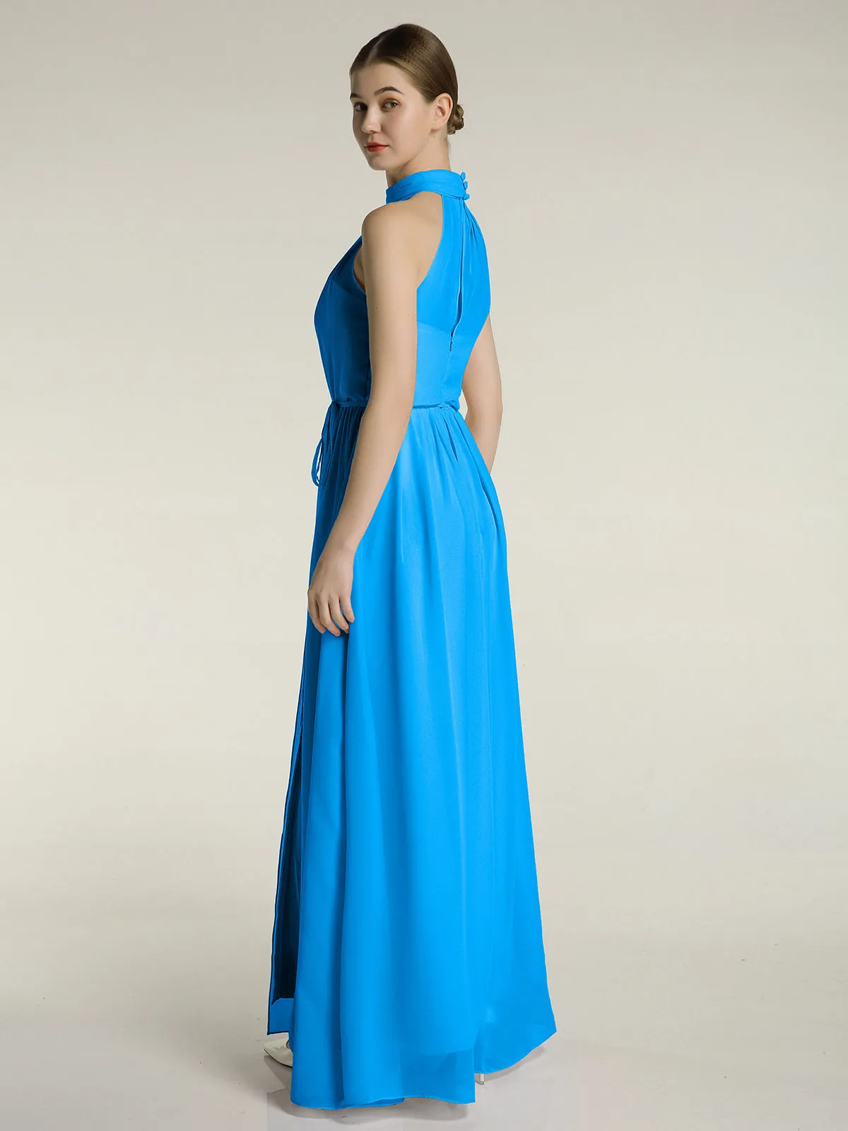High Neck Chiffon Dresses with Slit and Sash Bow-Ocean Blue Plus Size