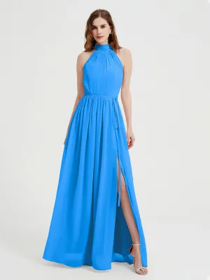 High Neck Chiffon Dresses with Slit and Sash Bow-Ocean Blue Plus Size