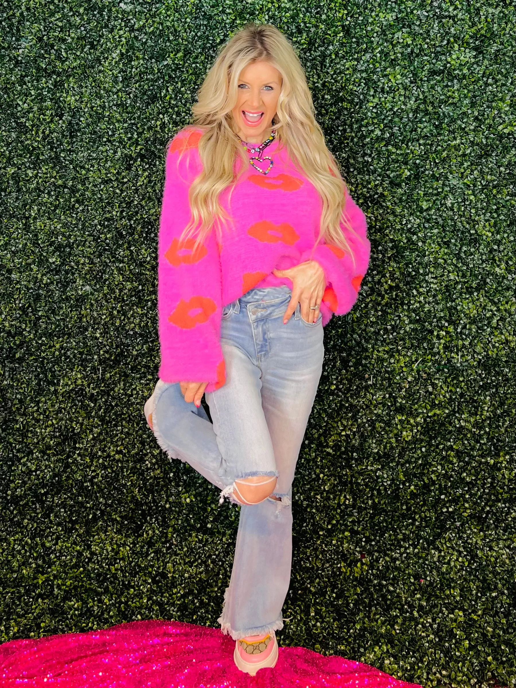 Hot  Pink Sugar Lips' N Love Sweater