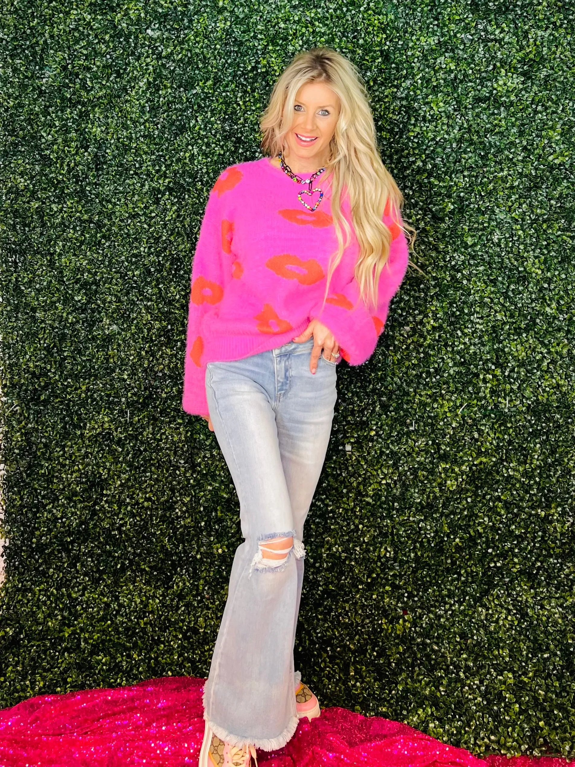 Hot  Pink Sugar Lips' N Love Sweater