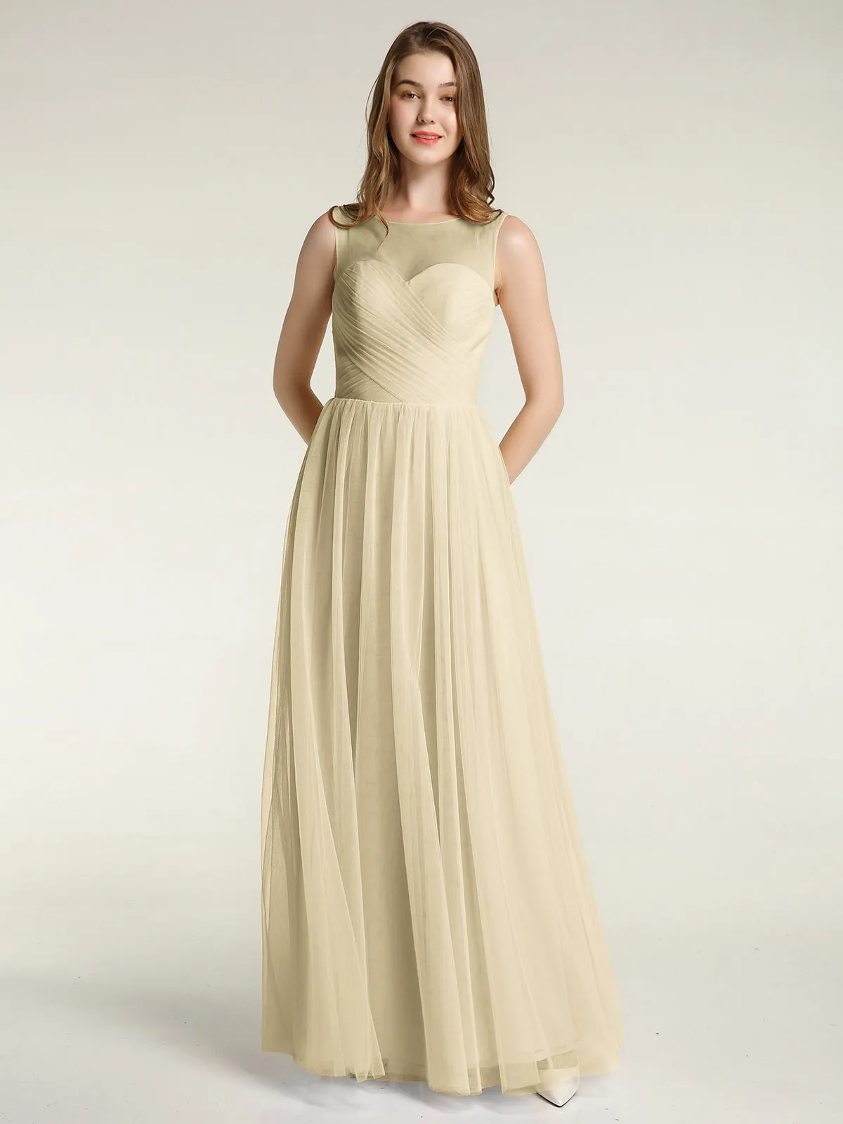 Illusion Neck Cross Tulle Bridesmaid Dresses-Champagne Plus Size