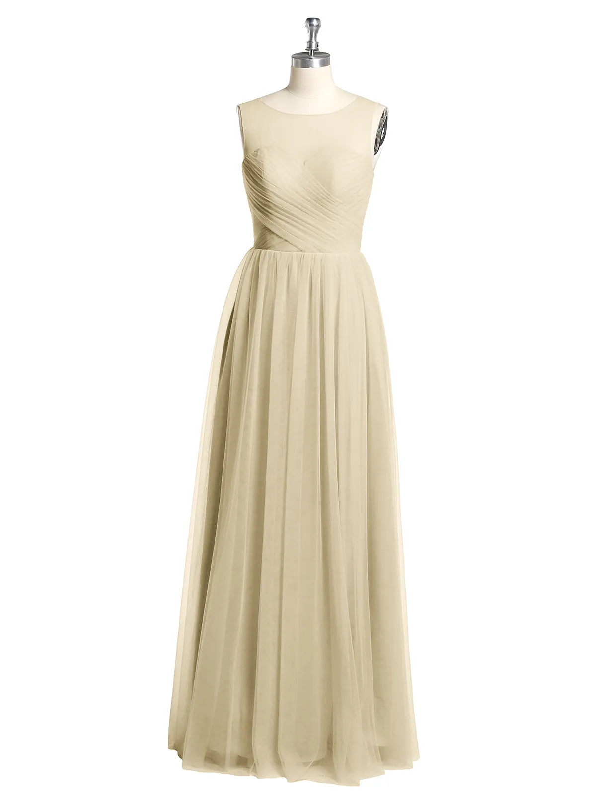 Illusion Neck Cross Tulle Bridesmaid Dresses-Champagne Plus Size
