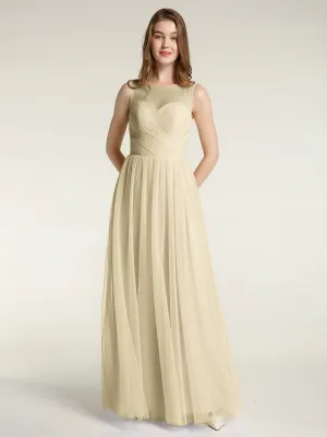 Illusion Neck Cross Tulle Bridesmaid Dresses-Champagne Plus Size