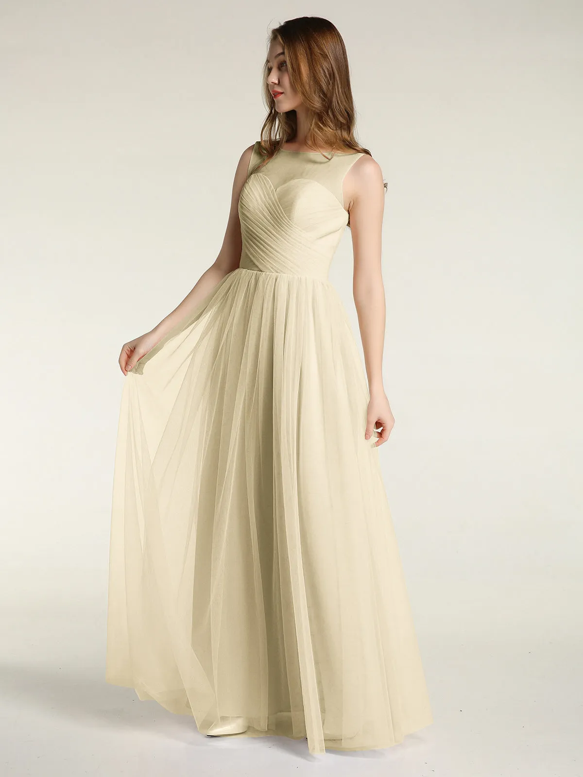 Illusion Neck Cross Tulle Bridesmaid Dresses-Champagne Plus Size