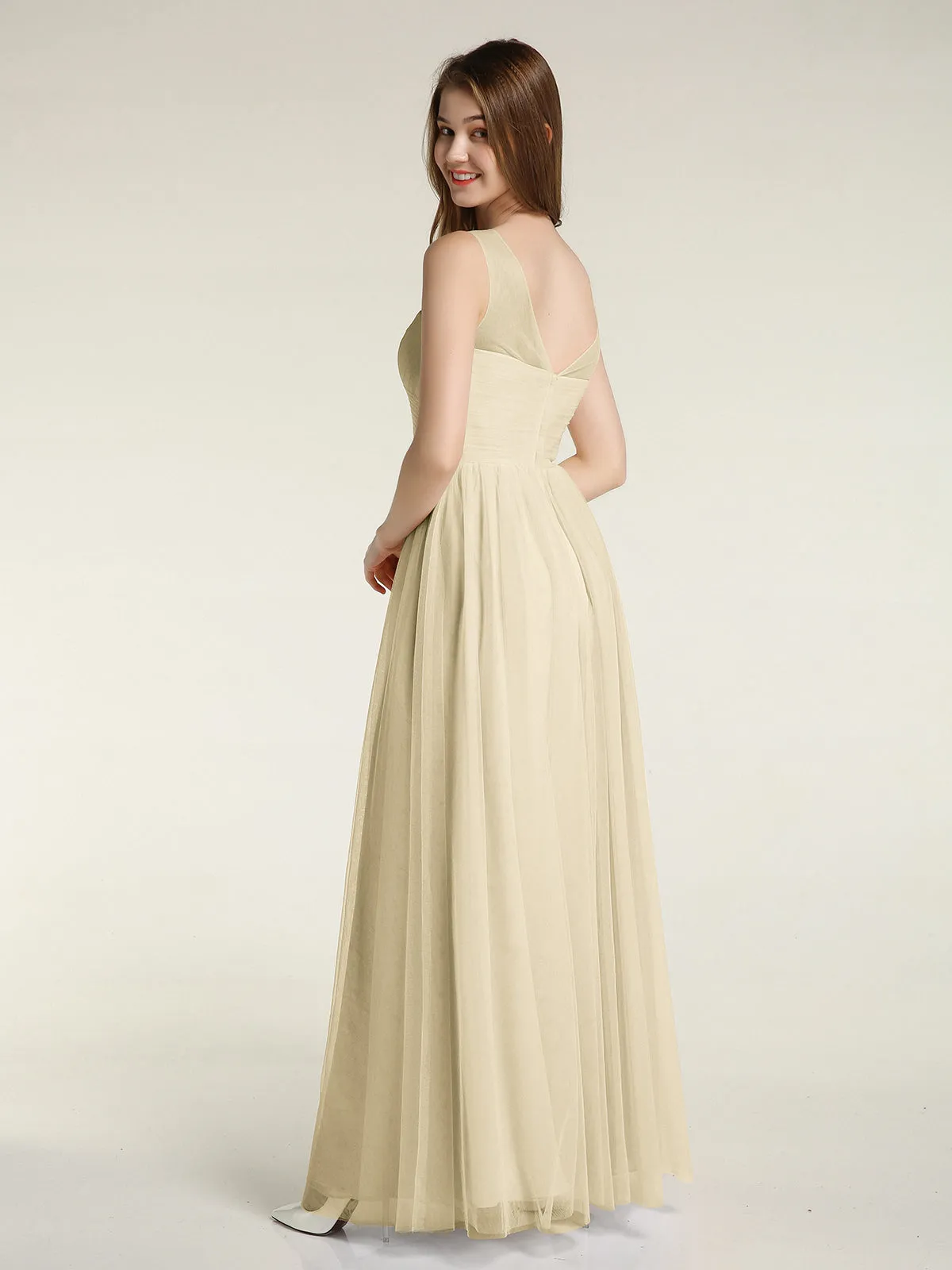 Illusion Neck Cross Tulle Bridesmaid Dresses-Champagne Plus Size