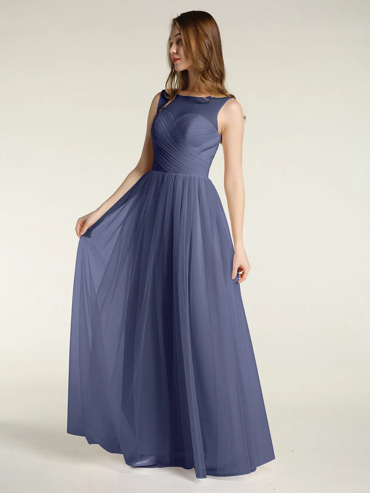 Illusion Neck Cross Tulle Bridesmaid Dresses-Stormy